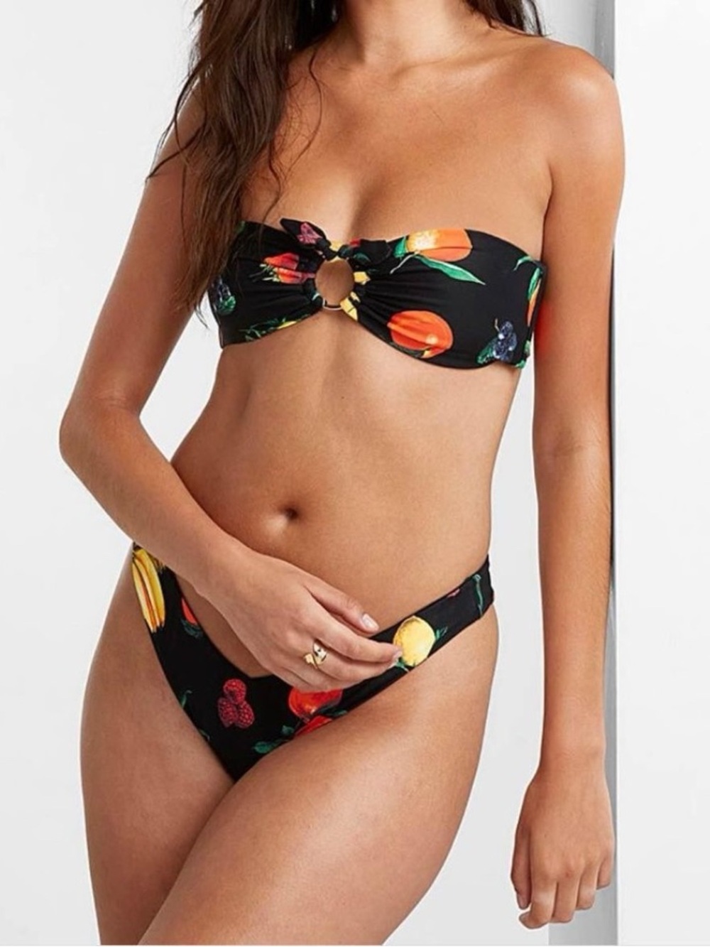 WeWoreWhat Black Bandeau Bikini Set with Fruit Print